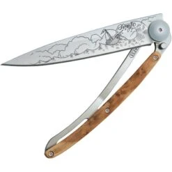 Couteau Deejo Tatoo En Pleine Mer Lame 9.5cm Lisse Manche Bois De Genévrier