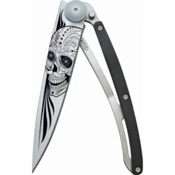 Couteau Deejo Tattoo Crâne Latino Lame 9.5cm Lisse Manche Bois De Grenadille