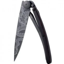 Couteau Deejo Tattoo Dragon Japonais Lame 9.5cm Lisse Noire Manche Bois De Grenadille