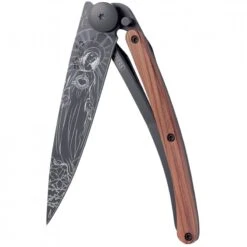 Couteau Deejo Tattoo Madone Lame 9.5cm Lisse Noire Manche Bois De Rose